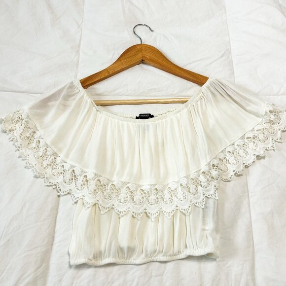NWOT Forever 21 White Off-Shoulder Crop Top Small Lace Trim Boho Peasant Style - Picture 2 of 5